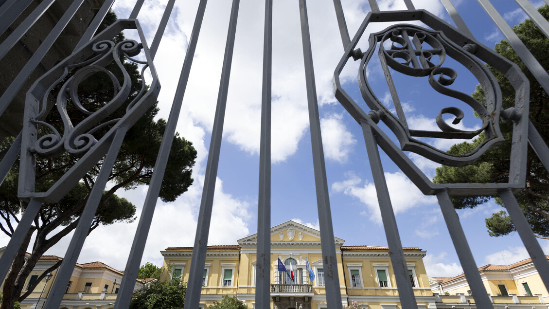 L'immagine mostra l'ingresso dello Spallanzani a Roma, un edificio che presenta un'architettura distintiva. Sono visibili elementi come un cancello e una statua. Il contesto &egrave; all'aperto, con un cielo nuvoloso e alberi nelle vicinanze. Recentemente, sono stati analizzati campioni biologici di un 25enne calabrese per il virus Hantavirus.
