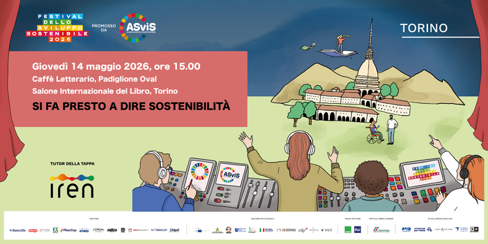 La locandina dell'evento Asvis mostra un gruppo di persone che indossano cuffie. &Egrave; presente il testo "TORINO", "SI FA PRESTO A DIRE SOSTENIBILIT&Agrave;", e informazioni relative al "Salone Internazionale del Libro, Torino", con la data "Gioved&igrave; 14 maggio 2026, ore 15.00". La locandina &egrave; classificata come un poster e rappresenta un annuncio.