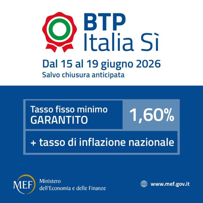 Oggi inizia il collocamento del Btp Italia s&igrave;. &Egrave; presente una carta blu e bianca con testo, accompagnata da un cerchio rosso e verde. Il contenuto include informazioni come "Tasso fisso minimo", "1,60%", "Dal 15 al 19 giugno 2026", e "GARANTITO". L'immagine &egrave; classificata come pubblicit&agrave; e poster, suggerendo un contesto promozionale.