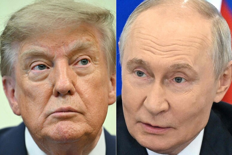 L'immagine rappresenta un collage di ritratti di uomini in abiti formali, tra cui Vladimir Putin e Donald Trump, riconoscibili nella scena. Si prevede una telefonata imminente tra i due leader riguardo a un allarme di peste. I volti mostrano caratteristiche di uomini adulti, con capelli grigi e indossano cravatte. L'atmosfera &egrave; di formalit&agrave; e seriet&agrave;, evidenziata dai dettagli dei loro abiti.